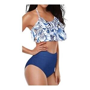 High Waisted Ruffle Tropical White Blue Halter Bikini Swimsuit SZ XXL NWT #2296
